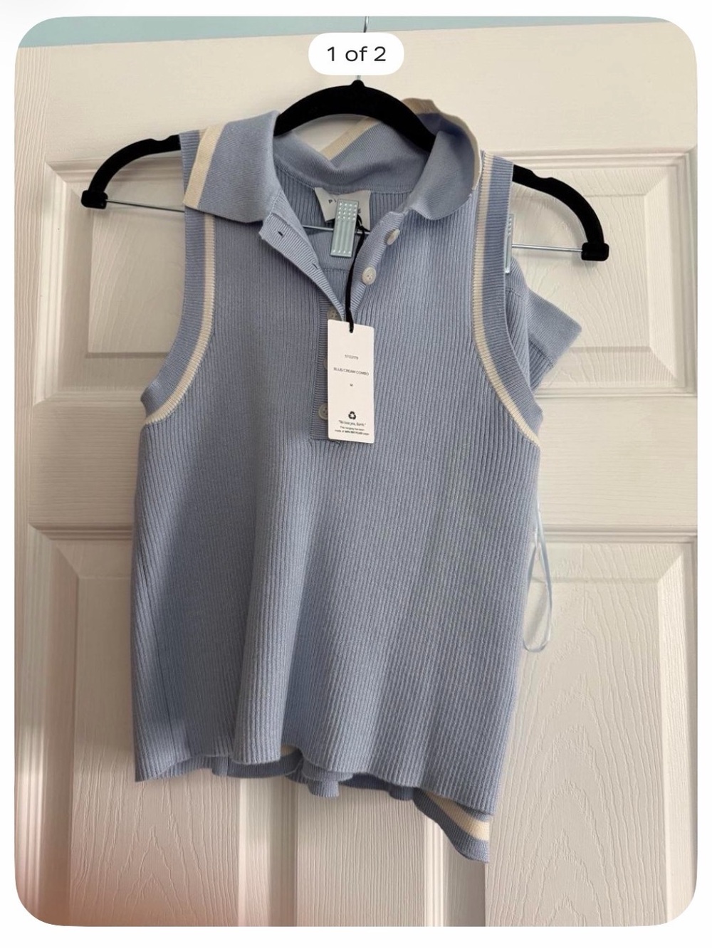 Sleeveless Polo Knit Top in Light Blue with Contrast Trim